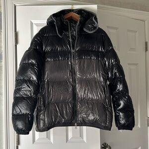Moncler hooded short down jacket , Gray and black